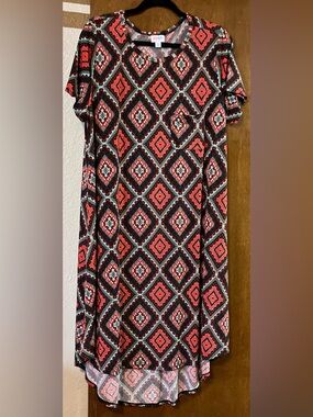 LuLaRoe Carly Coral, Aqua & Black Geometric Diamond Print Dress